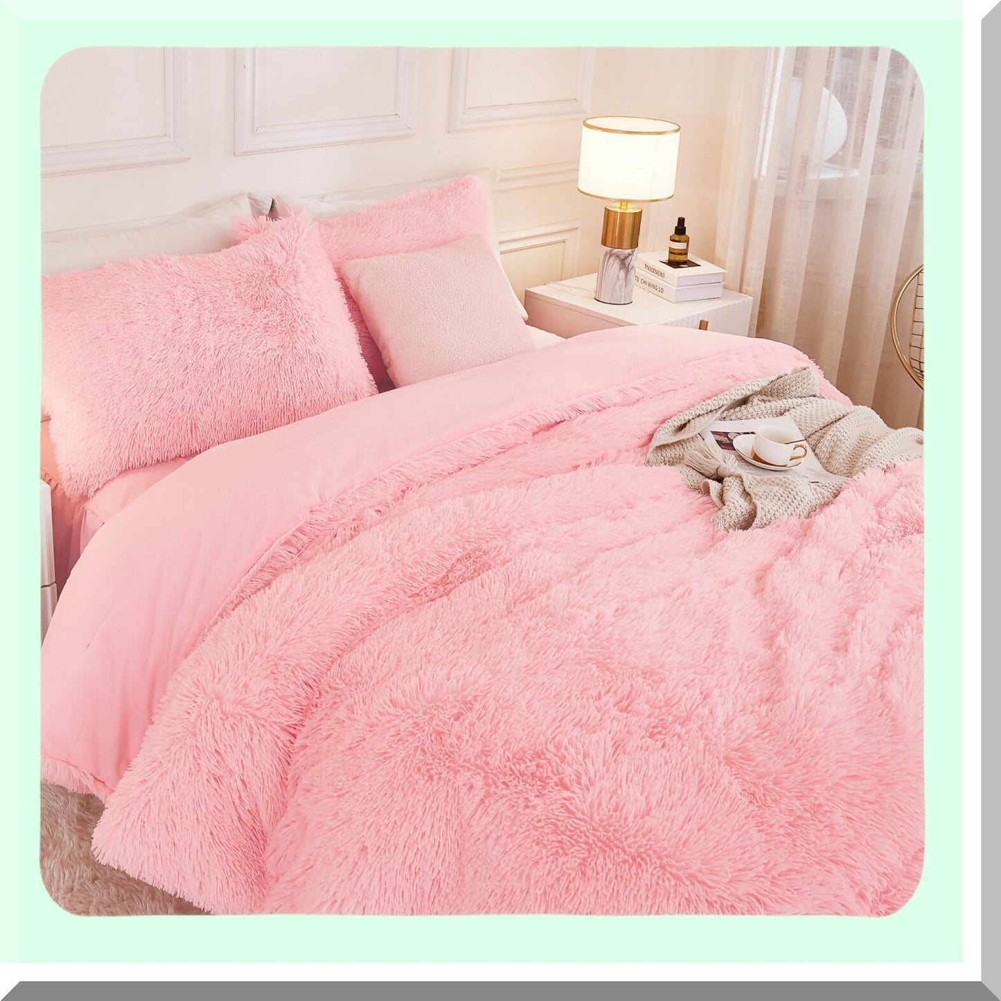 Plush Pink Dream Comforter Set - 3 Piece Fluffy Bedding Set with Shaggy Velvet Comforter & Pillowcases - Soft Puffy Down Alternative Bedding