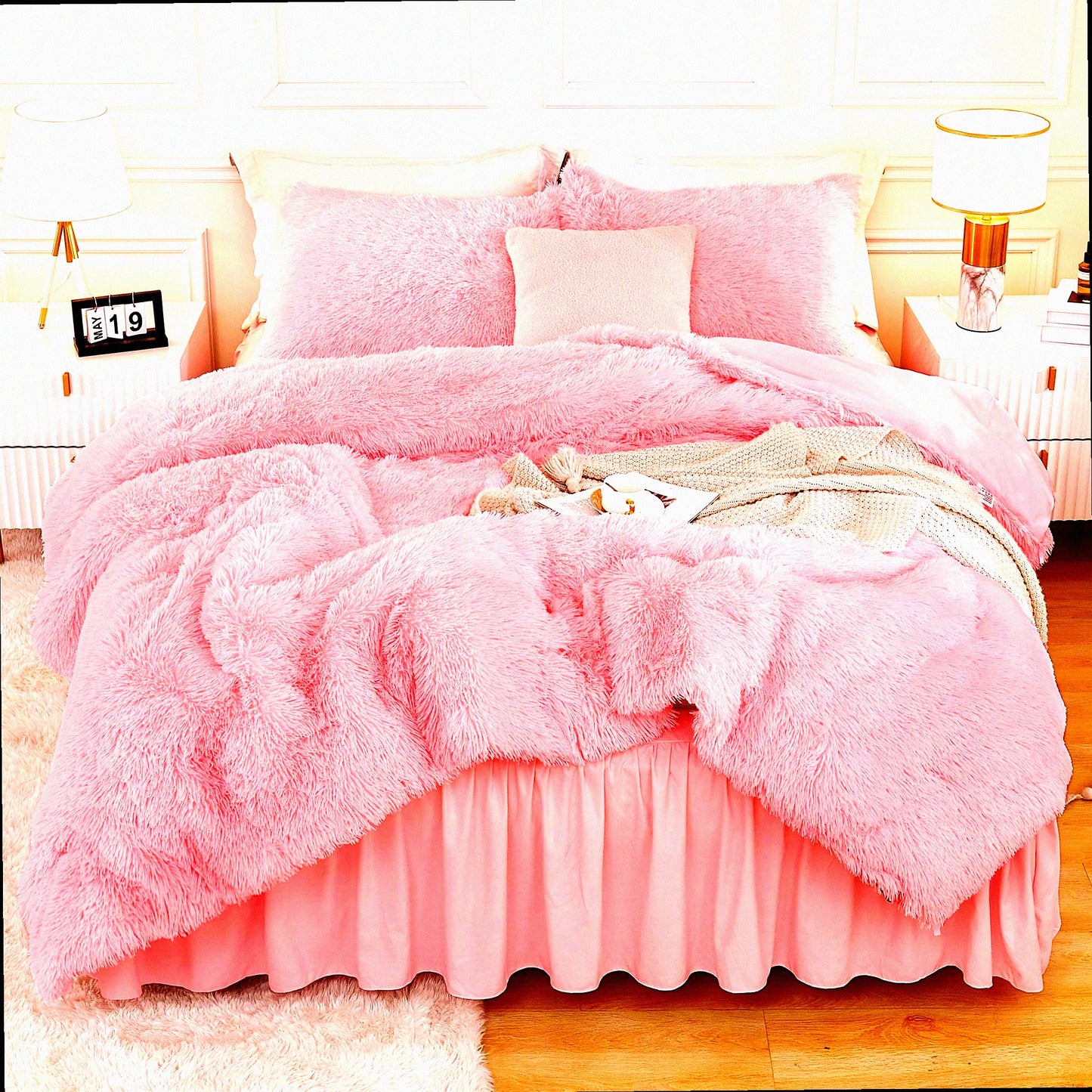 Plush Pink Dream Comforter Set - 3 Piece Fluffy Bedding Set with Shaggy Velvet Comforter & Pillowcases - Soft Puffy Down Alternative Bedding