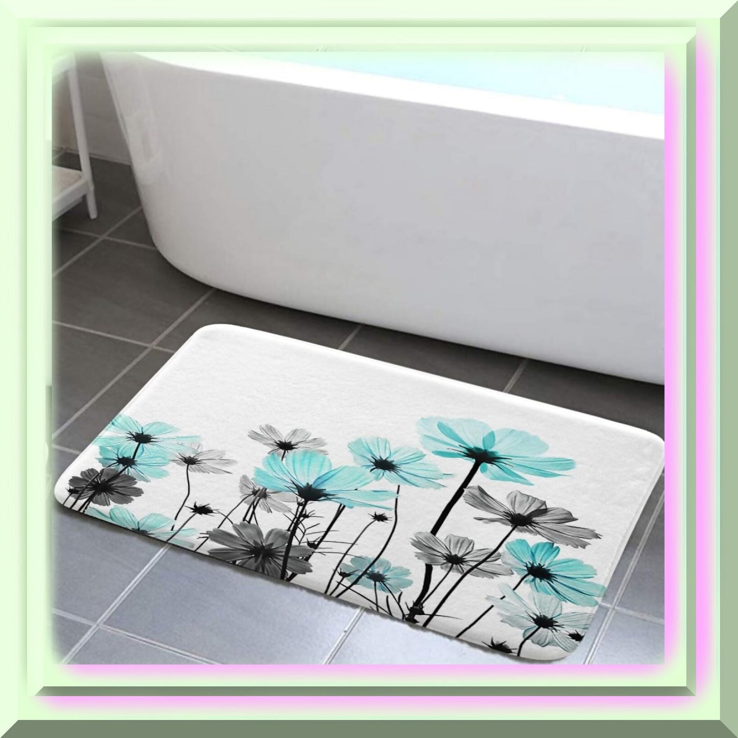 Teal Floral Bath Rug, 2x3 ft