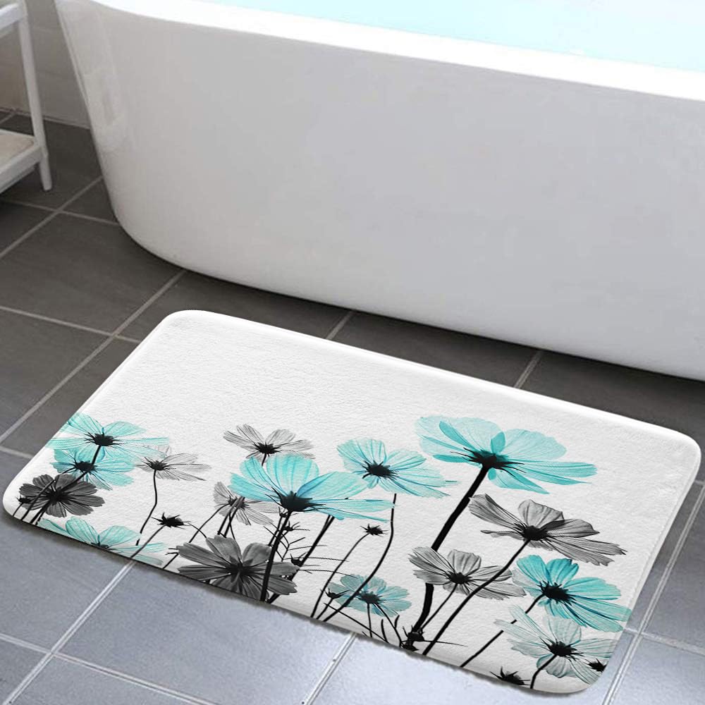 Teal Floral Bath Rug, 2x3 ft