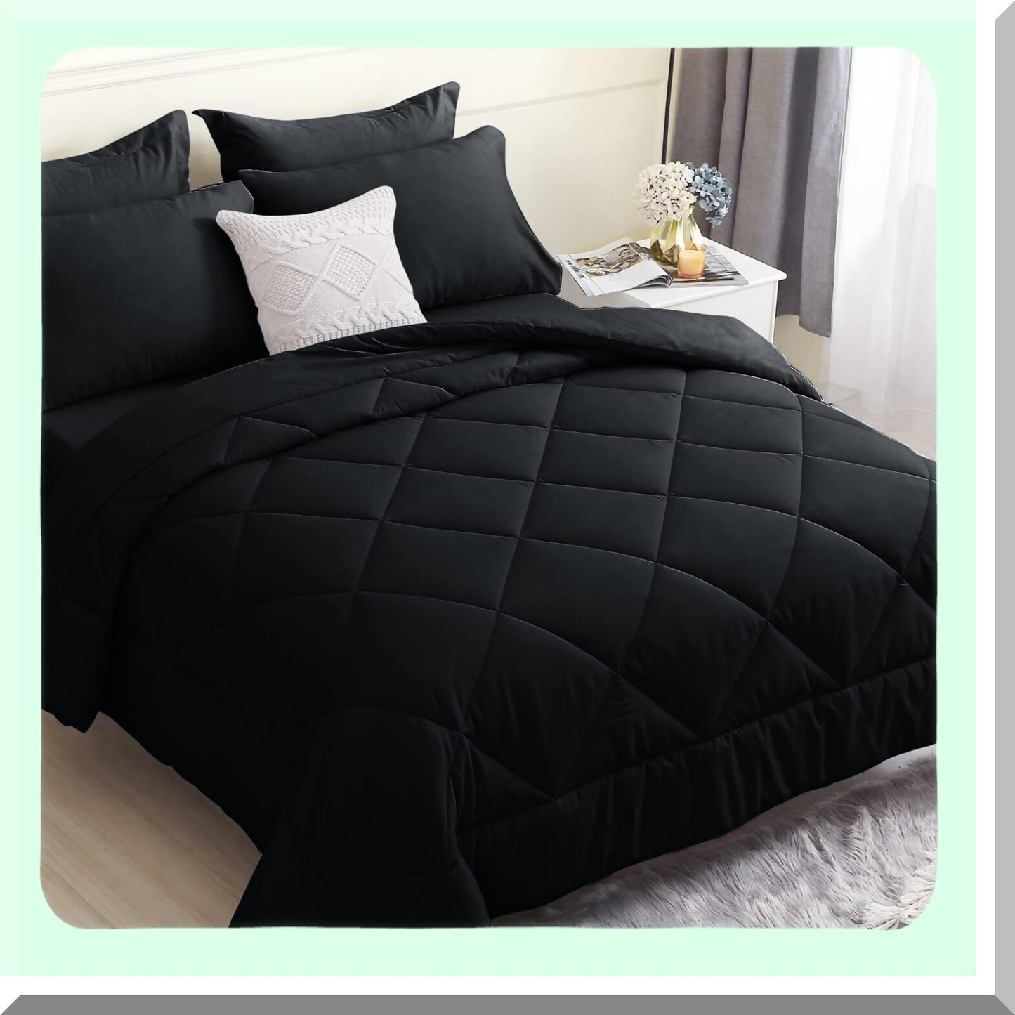 Black Diamond 7-Piece Queen Bedding Set - All Season Comforter, Hypoallergenic Ultra Soft Bedding with Flat Sheet, Fitted Sheet, Pillowcases, and Shams - Bedroom Bed in a Bag