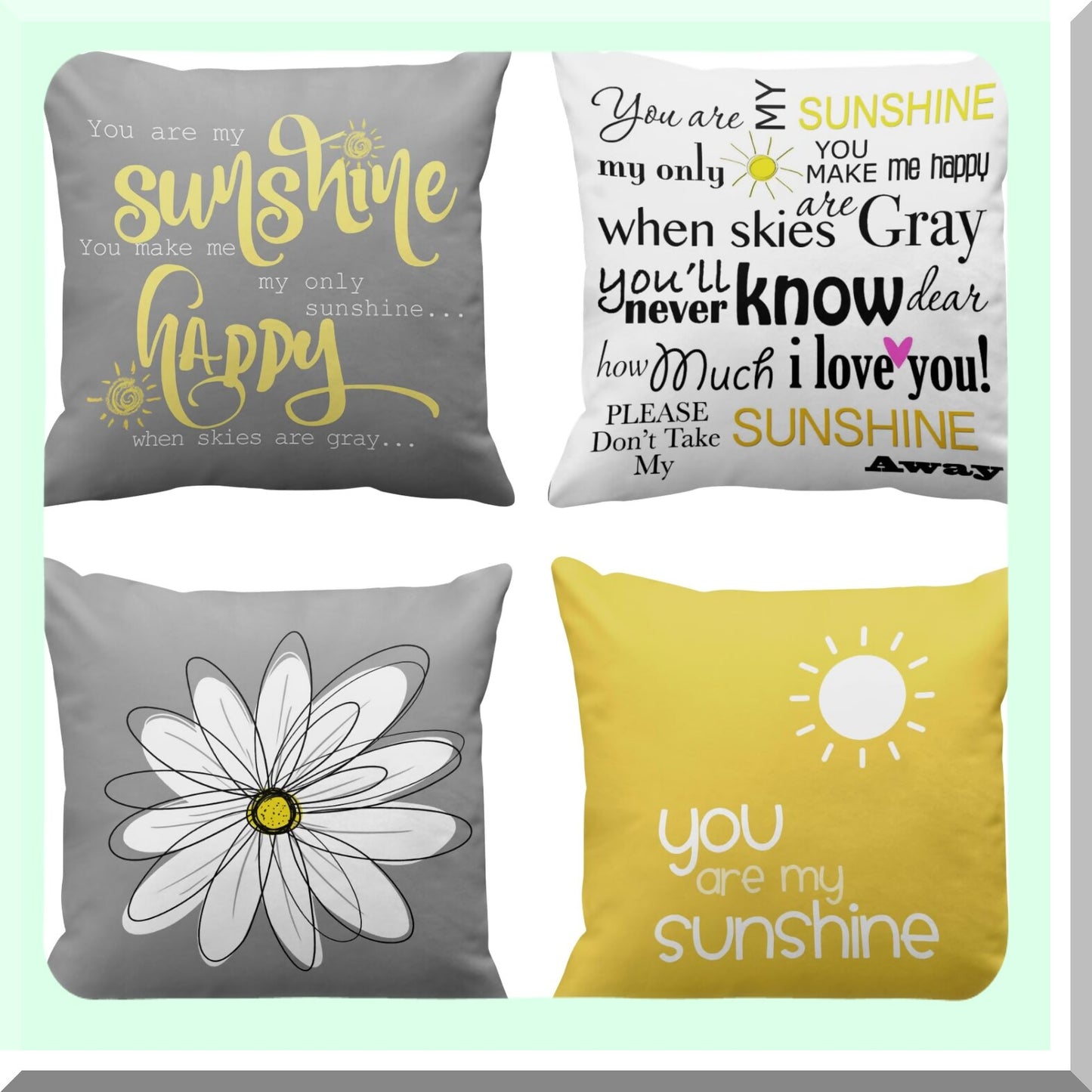 Sunshine Words Decorative Pillow Set - Yellow Gray Home Decor Covers - Square 16x16 Inches - My Sunshine Pillowcases