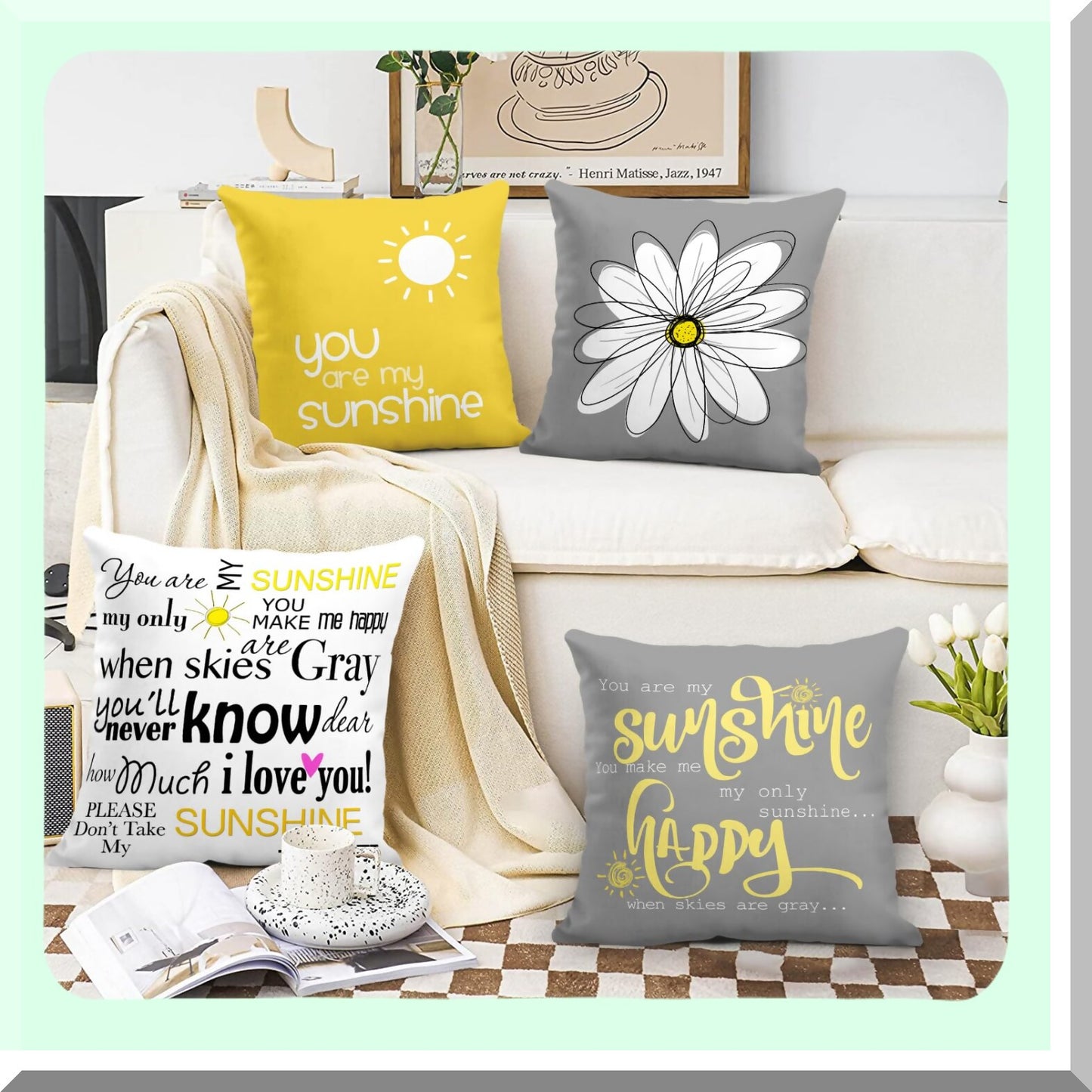 Sunshine Words Decorative Pillow Set - Yellow Gray Home Decor Covers - Square 16x16 Inches - My Sunshine Pillowcases