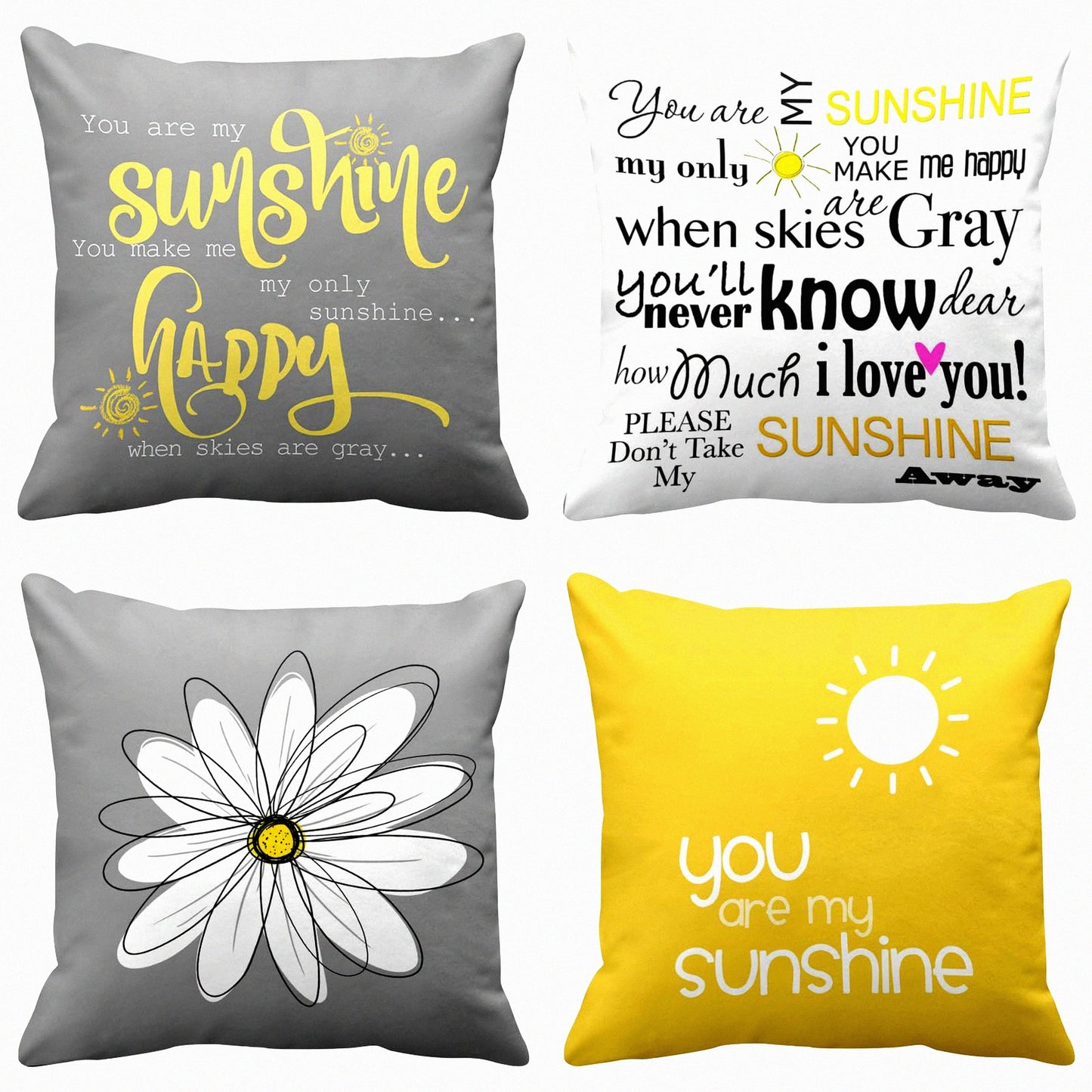Sunshine Words Decorative Pillow Set - Yellow Gray Home Decor Covers - Square 16x16 Inches - My Sunshine Pillowcases