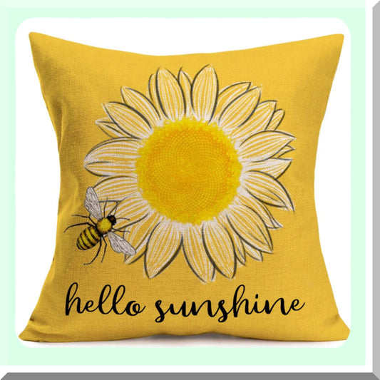 Sunflower Buzz Decorative Pillow Covers - Farmhouse Yellow Square Cushion Cases for Outdoor Patio Sofa Bedroom Car - 22x22 Inch - Hello Sunshine Summer