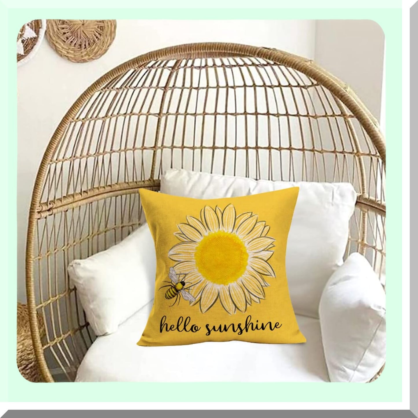 Sunflower Buzz Decorative Pillow Covers - Farmhouse Yellow Square Cushion Cases for Outdoor Patio Sofa Bedroom Car - 22x22 Inch - Hello Sunshine Summer