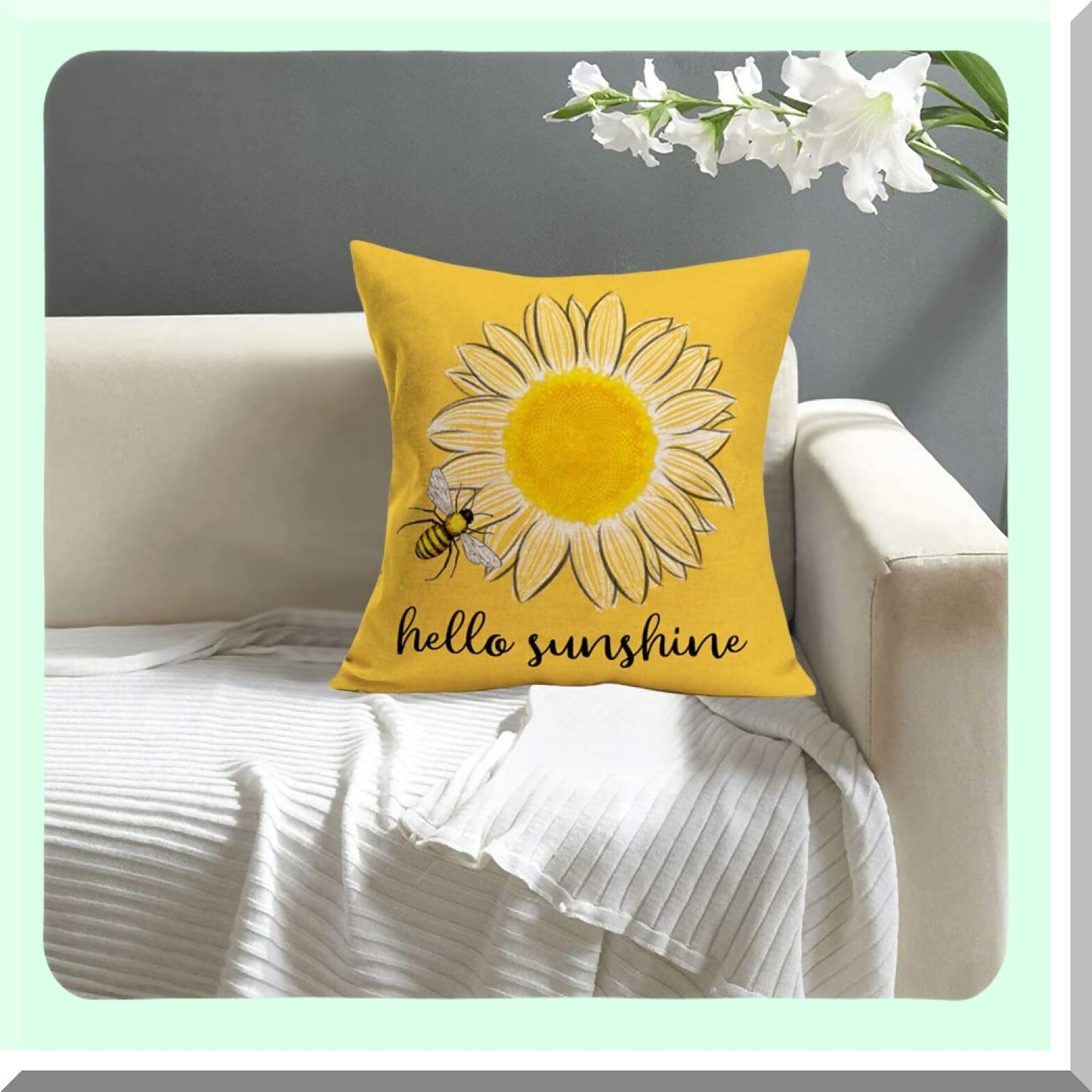 Sunflower Buzz Decorative Pillow Covers - Farmhouse Yellow Square Cushion Cases for Outdoor Patio Sofa Bedroom Car - 22x22 Inch - Hello Sunshine Summer