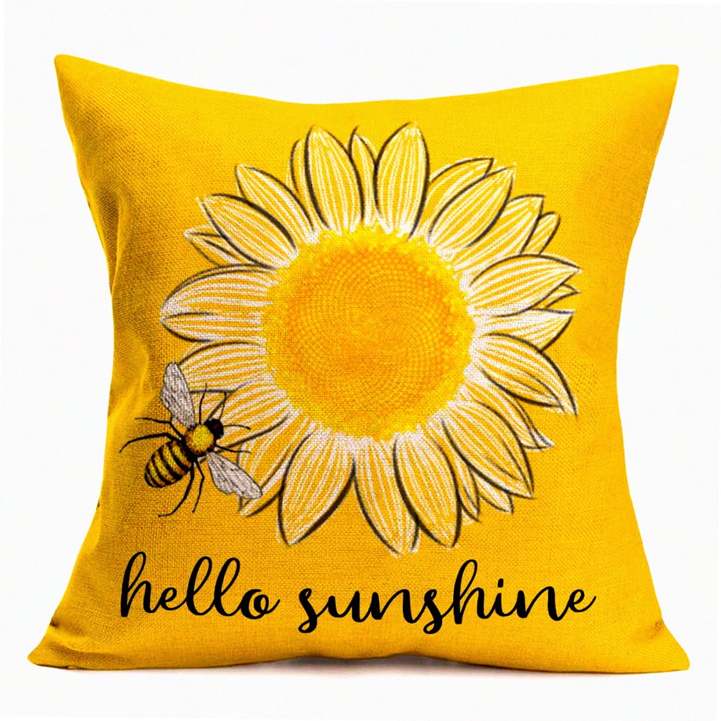 Sunflower Buzz Decorative Pillow Covers - Farmhouse Yellow Square Cushion Cases for Outdoor Patio Sofa Bedroom Car - 22x22 Inch - Hello Sunshine Summer