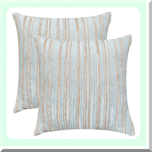 Blue Bohemia Stripe Pillow Cases - Set of 2 Decorative Throw Covers for Couch Cushions. Light Blue Home Decor, 18x18 Inches.