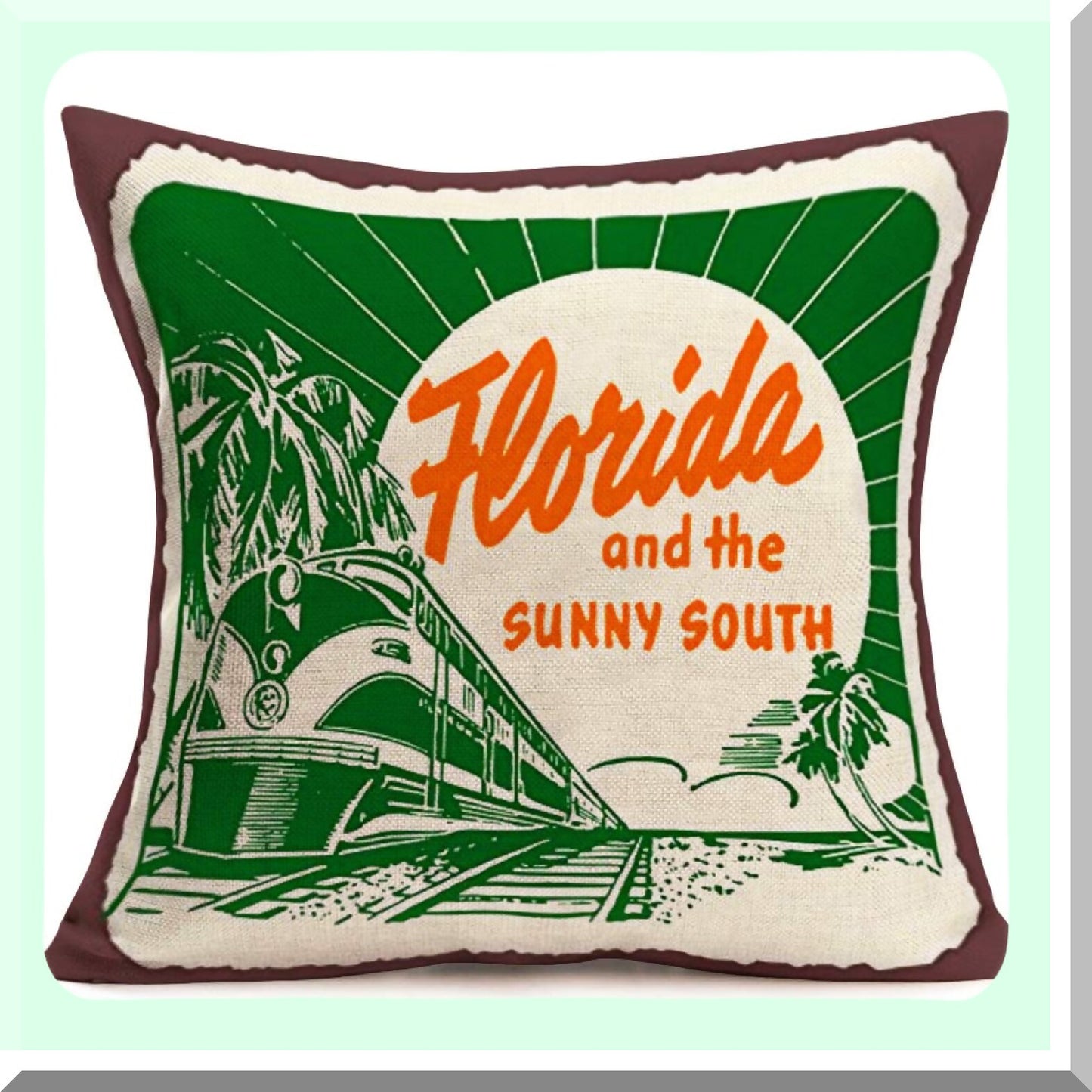 Vintage Sunshine State Farmhouse Pillow Cover - Rustic Florida Train Decor - Sunny South Quote Pattern - Cotton Linen Cushion - Sofa Car Chair Decoration - 18"x18" Pillowcase