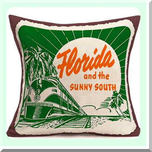 Vintage Sunshine State Farmhouse Pillow Cover - Rustic Florida Train Decor - Sunny South Quote Pattern - Cotton Linen Cushion - Sofa Car Chair Decoration - 18"x18" Pillowcase