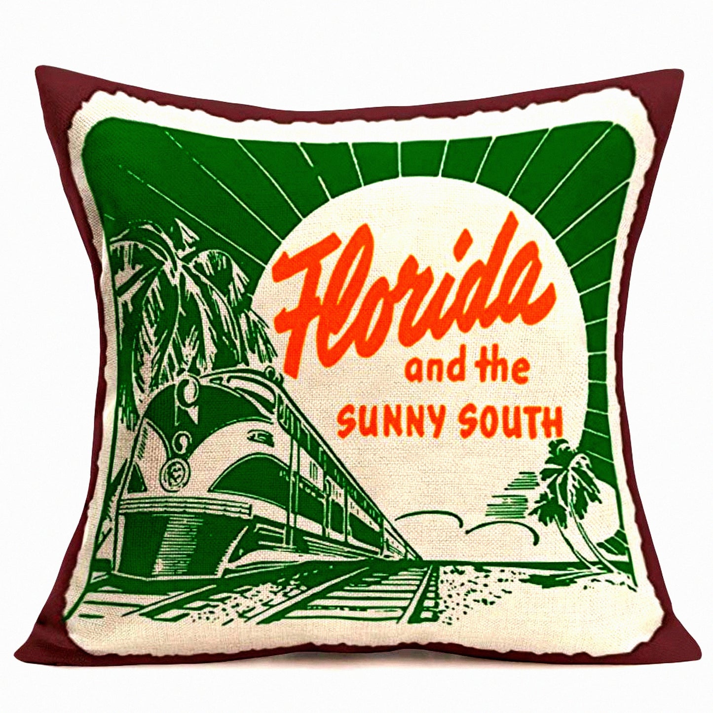 Vintage Sunshine State Farmhouse Pillow Cover - Rustic Florida Train Decor - Sunny South Quote Pattern - Cotton Linen Cushion - Sofa Car Chair Decoration - 18"x18" Pillowcase