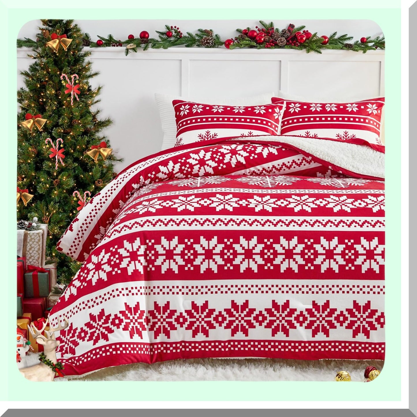 WinterWonder Sherpa Flannel Blanket Set - Full Queen Size, Red Snowflake Pattern 3-Layer Luxury Comforter Set. Soft Microfiber, 1 Blanket+2 Shams.