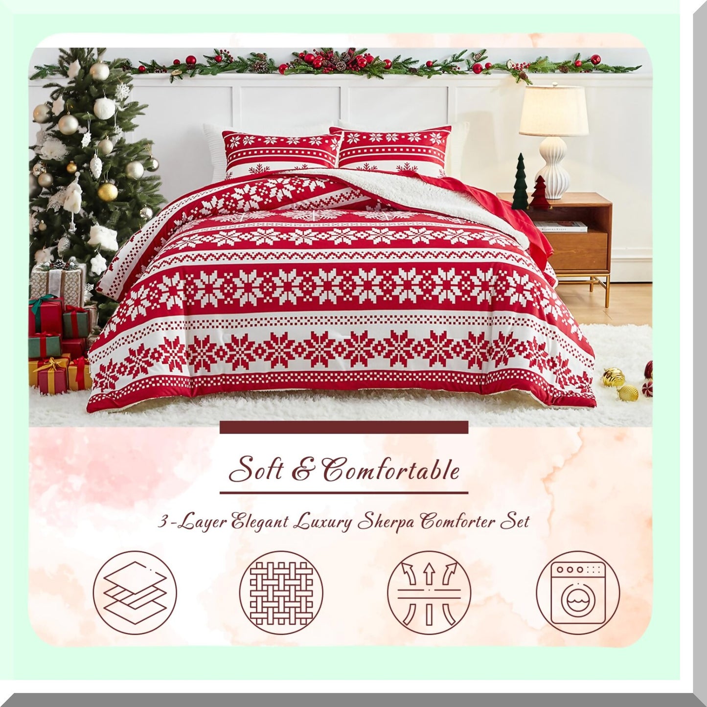 WinterWonder Sherpa Flannel Blanket Set - Full Queen Size, Red Snowflake Pattern 3-Layer Luxury Comforter Set. Soft Microfiber, 1 Blanket+2 Shams.