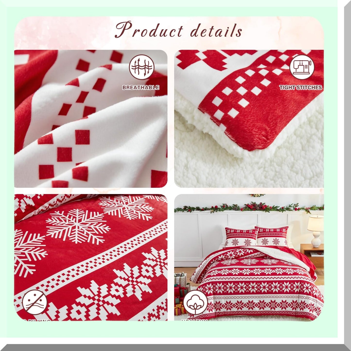 WinterWonder Sherpa Flannel Blanket Set - Full Queen Size, Red Snowflake Pattern 3-Layer Luxury Comforter Set. Soft Microfiber, 1 Blanket+2 Shams.