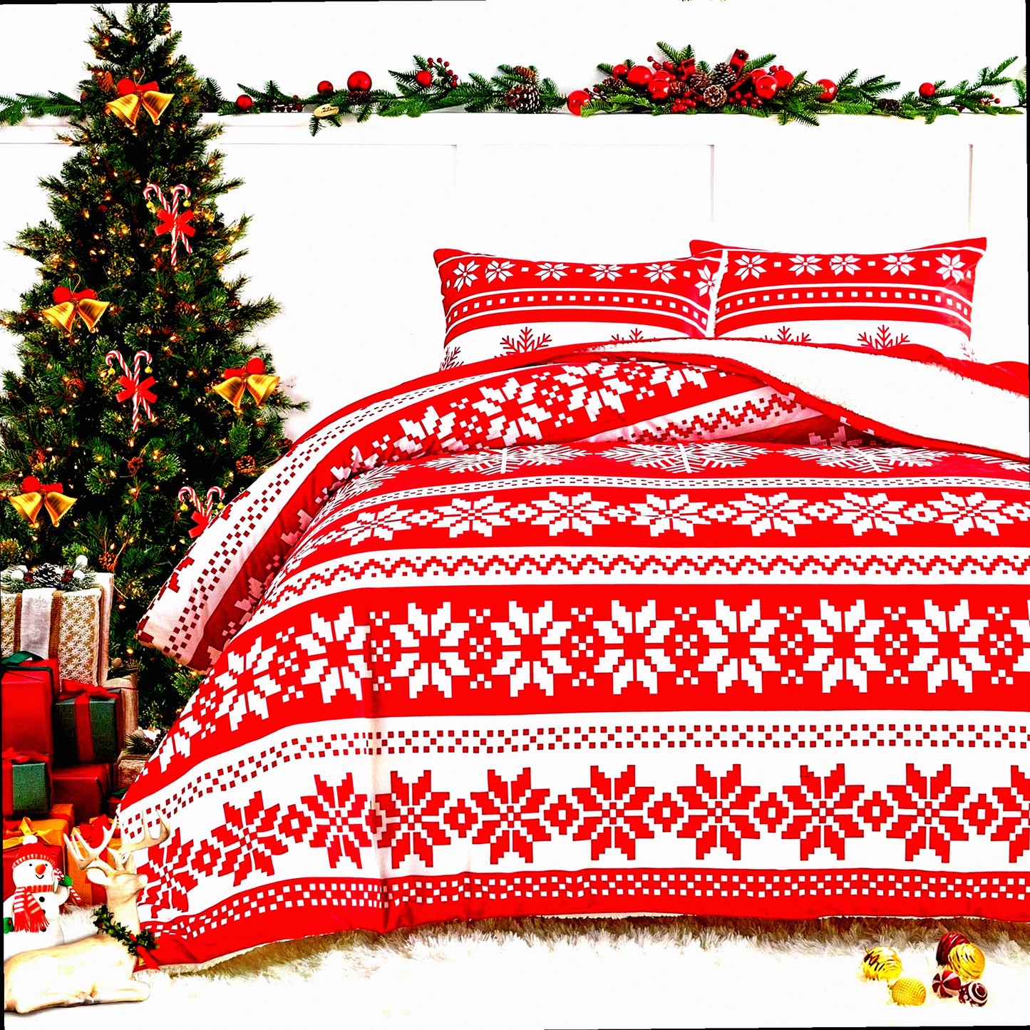 WinterWonder Sherpa Flannel Blanket Set - Full Queen Size, Red Snowflake Pattern 3-Layer Luxury Comforter Set. Soft Microfiber, 1 Blanket+2 Shams.