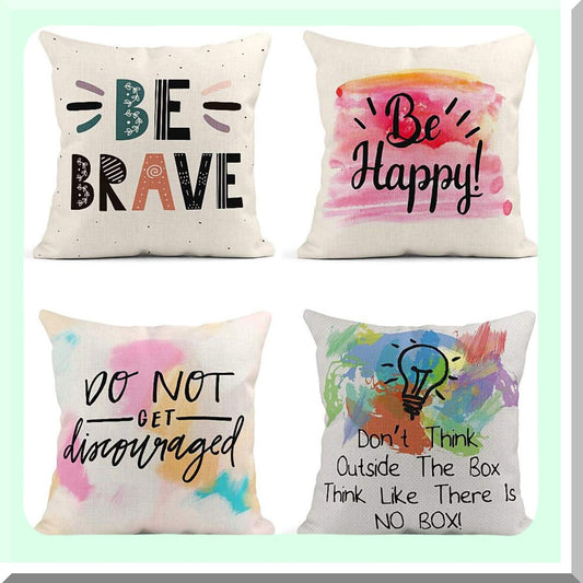 Inspirational Watercolor Calligraphic Pillow Covers - Set of 4 | Scandinavian Happy Decor Linen Cases | Home Decorative Square 18x18 Inches Pillowcases