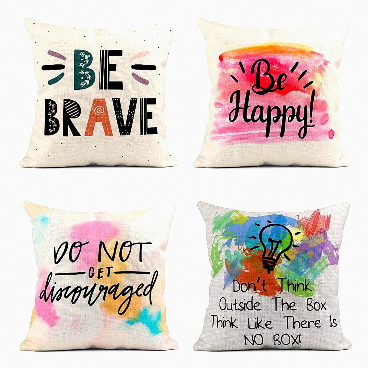 Inspirational Watercolor Calligraphic Pillow Covers - Set of 4 | Scandinavian Happy Decor Linen Cases | Home Decorative Square 18x18 Inches Pillowcases