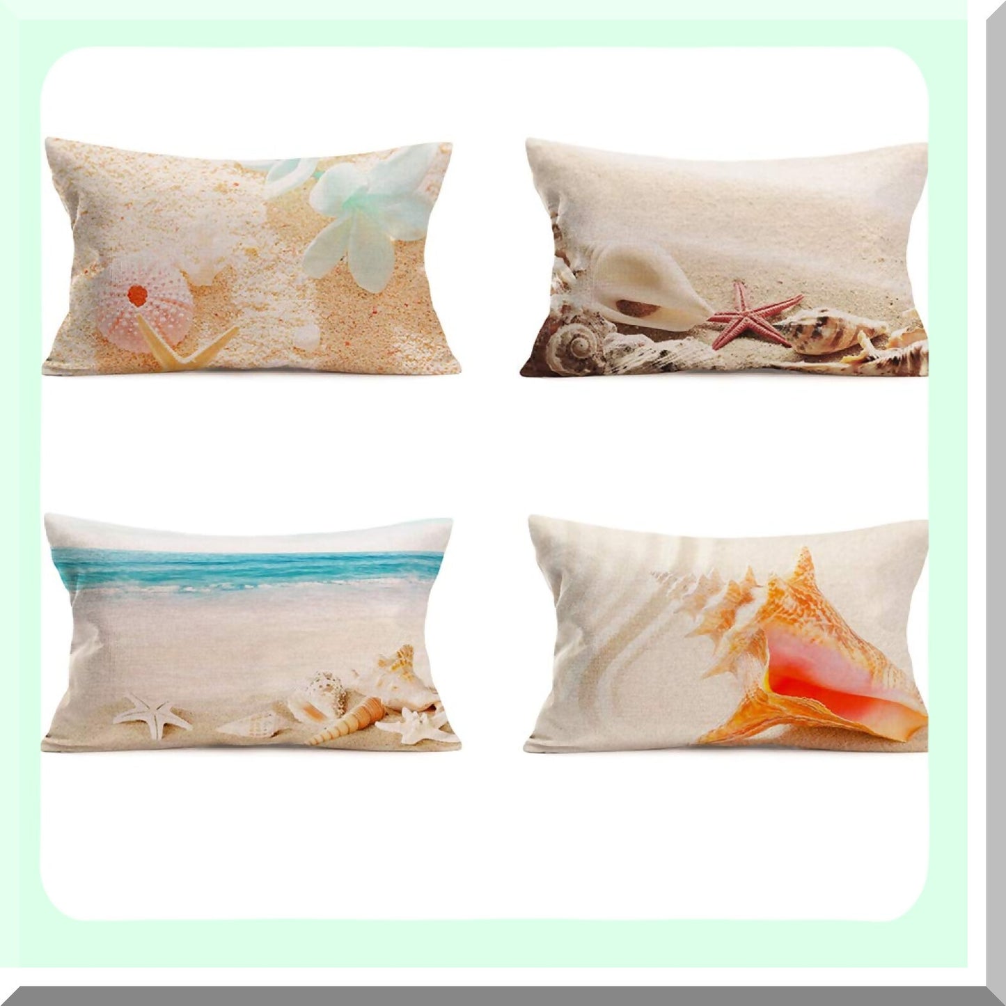 Golden Beach Starfish Conch Pillow Covers - Set of 4, Ocean Theme 12x20 Lumber Cushion Cases for Outdoor Home Sofa Chair, Travel Pillowcase made of Sea Cotton Linen.