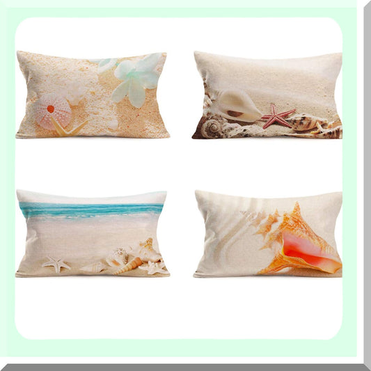 Golden Beach Starfish Conch Pillow Covers - Set of 4, Ocean Theme 12x20 Lumber Cushion Cases for Outdoor Home Sofa Chair, Travel Pillowcase made of Sea Cotton Linen.