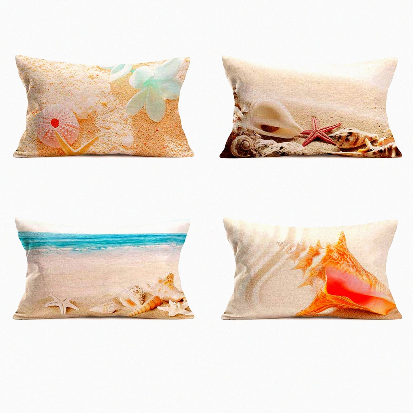 Golden Beach Starfish Conch Pillow Covers - Set of 4, Ocean Theme 12x20 Lumber Cushion Cases for Outdoor Home Sofa Chair, Travel Pillowcase made of Sea Cotton Linen.