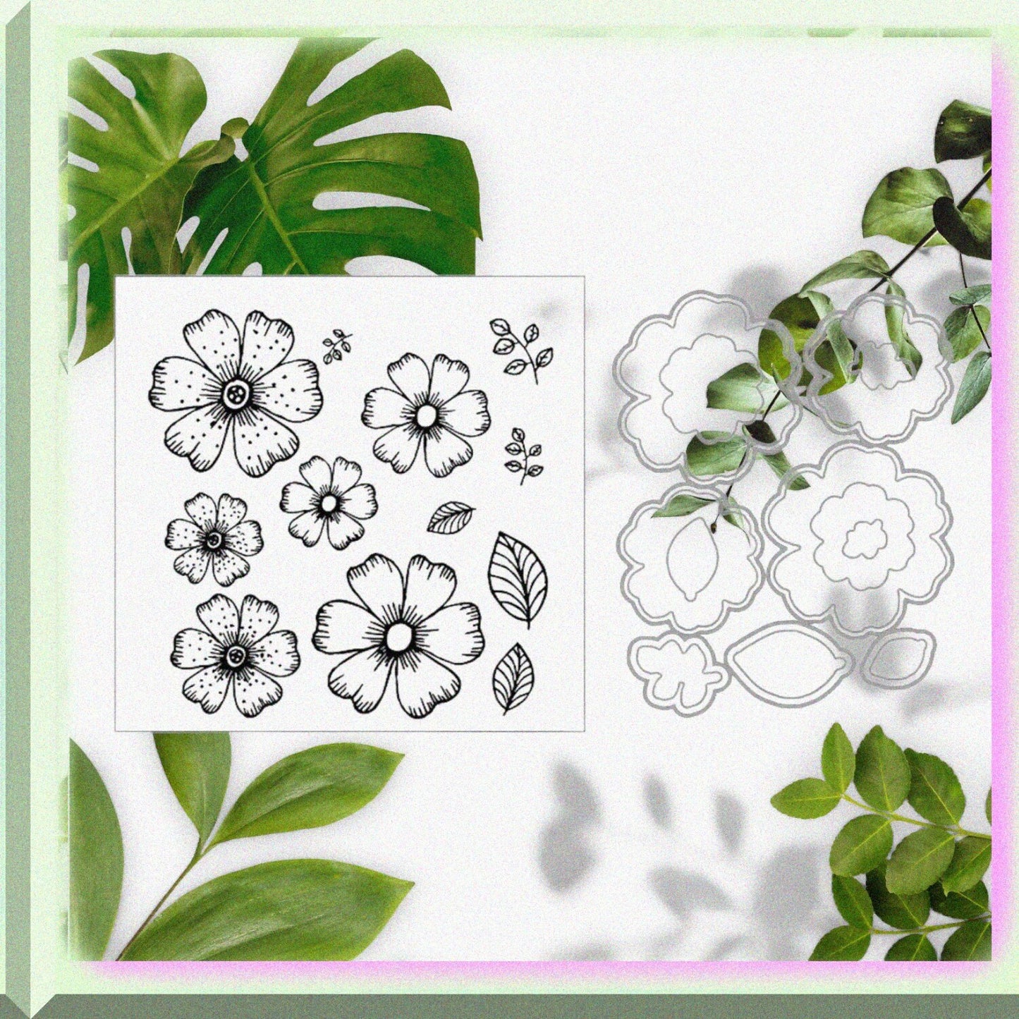 Flowers and Leaves Metal Cutting Dies and Clear Stamps Set
