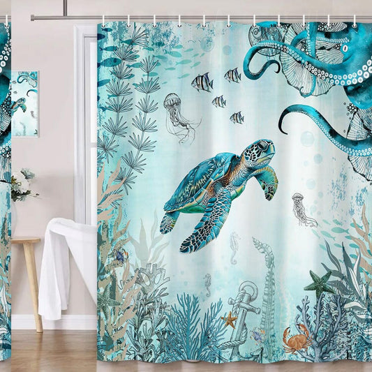Sea Turtle Octopus Shower Curtain Blue Teal 72x72in