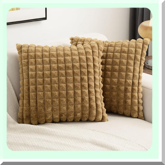 Plush Camel Rabbit Pillow Covers - Set of 2, Soft Velvet Square Cushion Cases for Modern Home Decor on Couch or Bed - 20x20 Inch