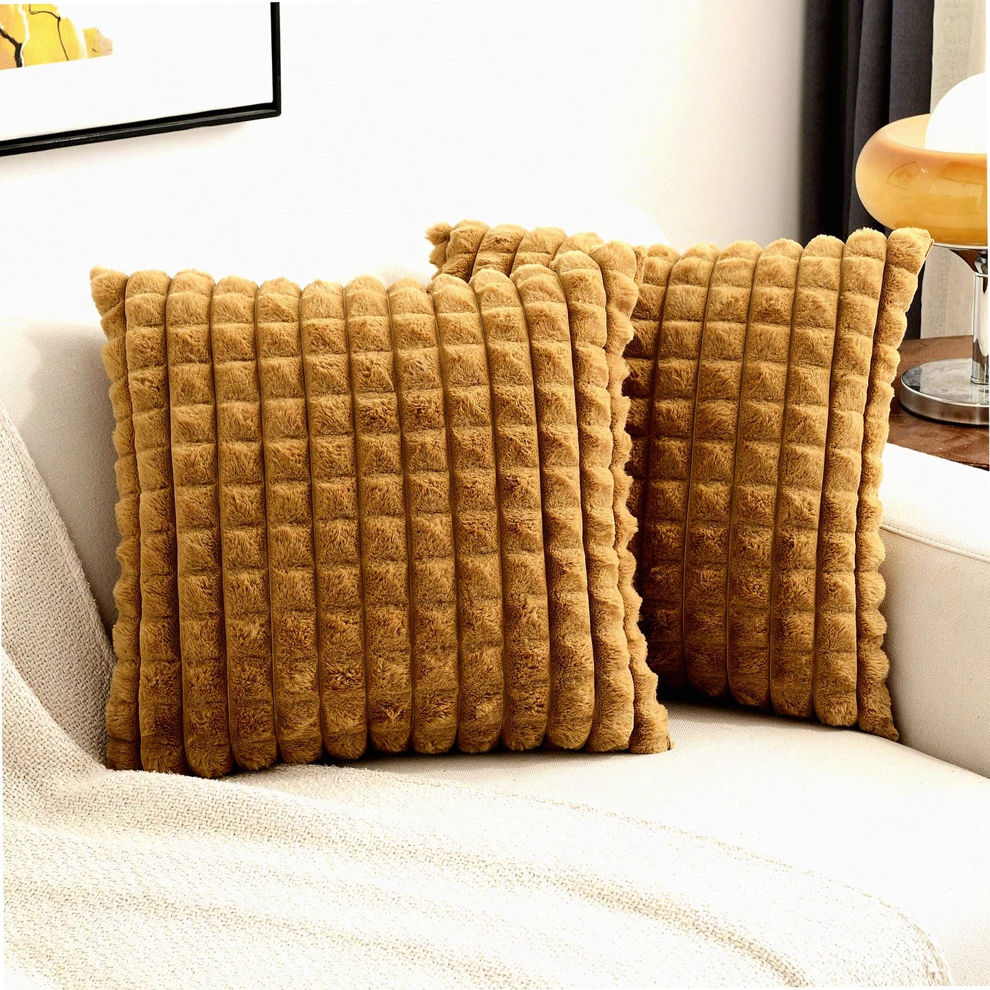 Plush Camel Rabbit Pillow Covers - Set of 2, Soft Velvet Square Cushion Cases for Modern Home Decor on Couch or Bed - 20x20 Inch