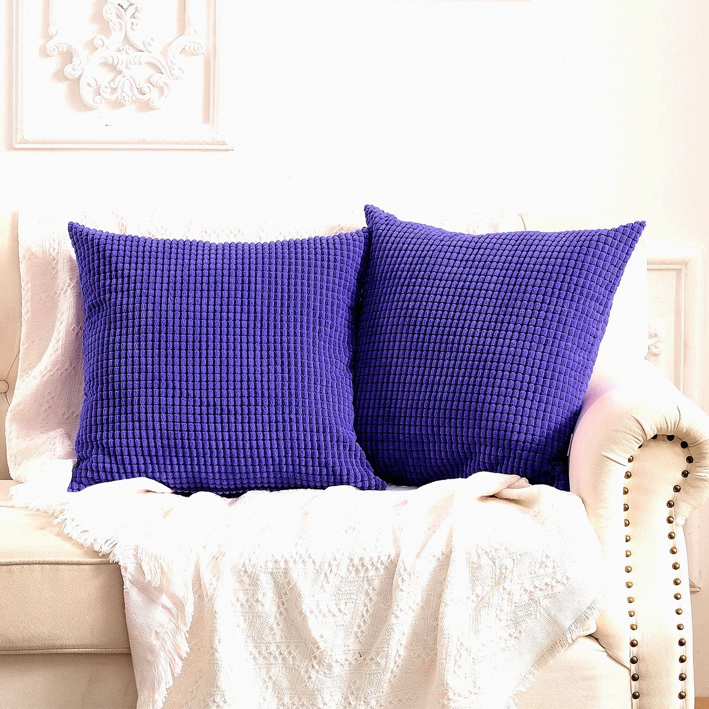 Lavender Corduroy Corn Granules Throw Pillow Covers - Set of 2 Soft Decorative Cushion Pillowcases for Couch Sofa Bed - 16 X 16 Inch Comfort