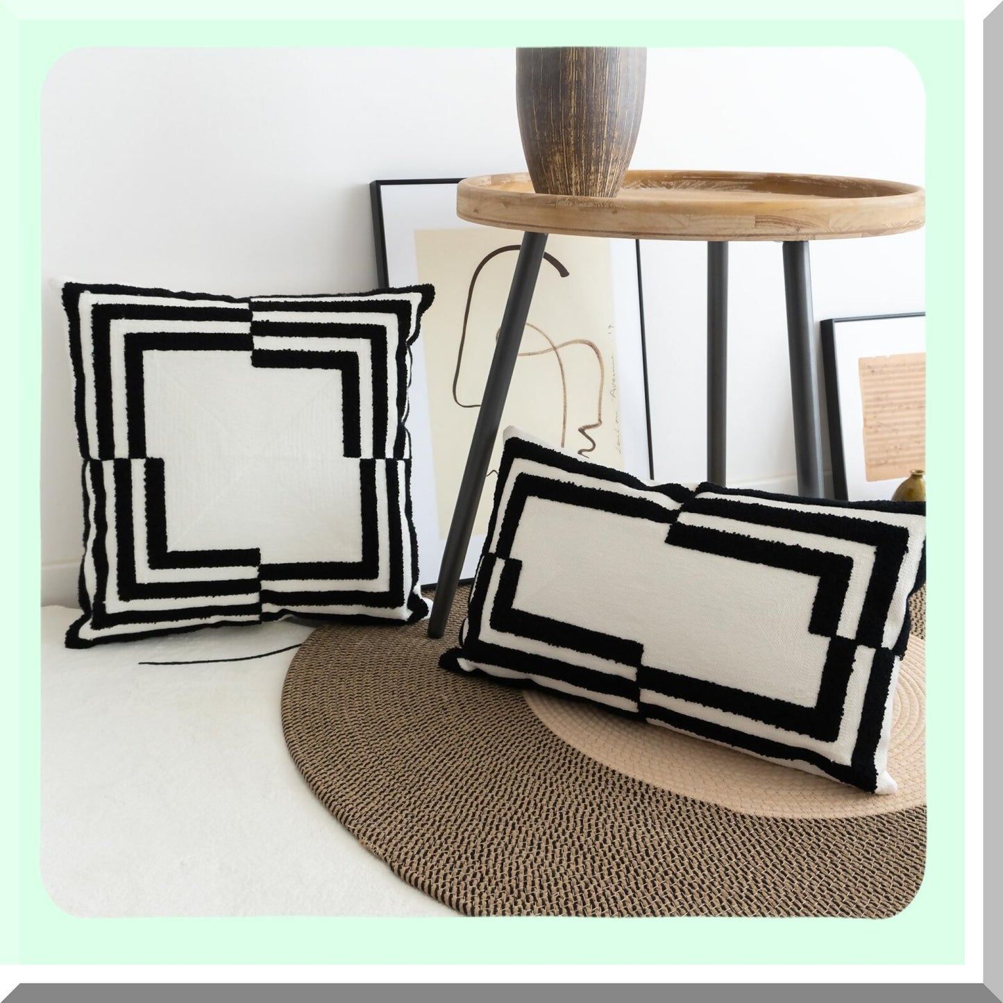 Geometric Farmhouse Outdoor Indoor Pillowcase - Textured Square Cushion Cover for Garden Patio Porch Sofa Couch Furniture Decor - 12x20, Black White