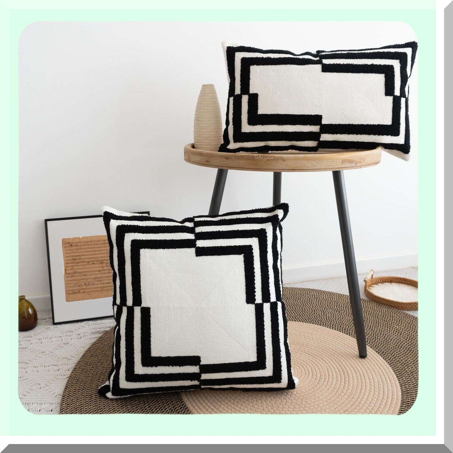 Geometric Farmhouse Outdoor Indoor Pillowcase - Textured Square Cushion Cover for Garden Patio Porch Sofa Couch Furniture Decor - 12x20, Black White