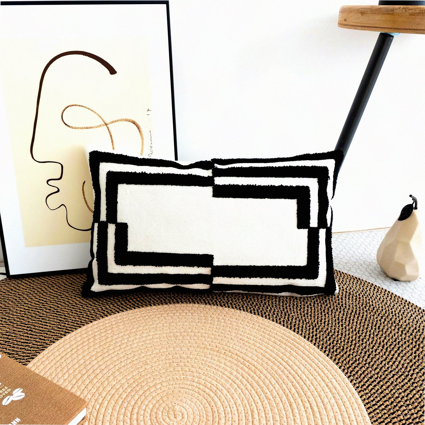 Geometric Farmhouse Outdoor Indoor Pillowcase - Textured Square Cushion Cover for Garden Patio Porch Sofa Couch Furniture Decor - 12x20, Black White