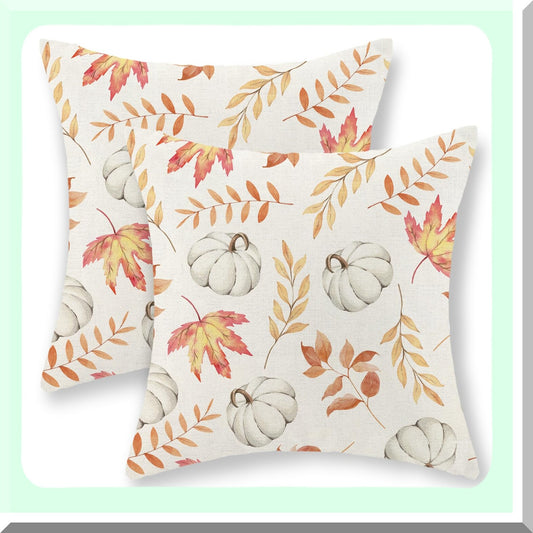 Autumn Harvest Pillow Covers - Set of 2 Maple Leaves Throw Pillows - Fall Decorative Cushion Cases - Thanksgiving Pumpkin Sofa Bed Decor - 20x20 Inch