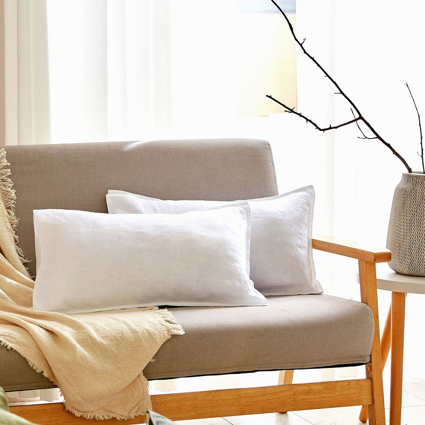 Breathable Linen Lumbar Pillow Cover Set - Rectangular Decorative Throw Cushion for Couch Sofa Bed - Farmhouse White - Soft & Cozy - 12x20 Inches