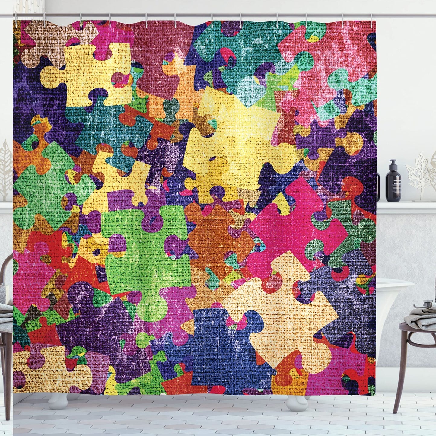 Grunge Shower Curtain with Colorful Jigsaw Puzzles, 69" x 70"