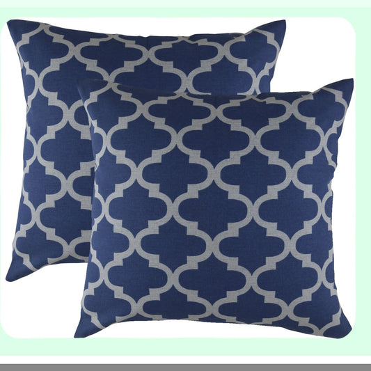 Navy Gray Trellis Cotton Throw Pillow Covers - Set of 2, Decorative Accent Cushion Cases 18x18 Inches - Modern Farmhouse Home Decor Accessories