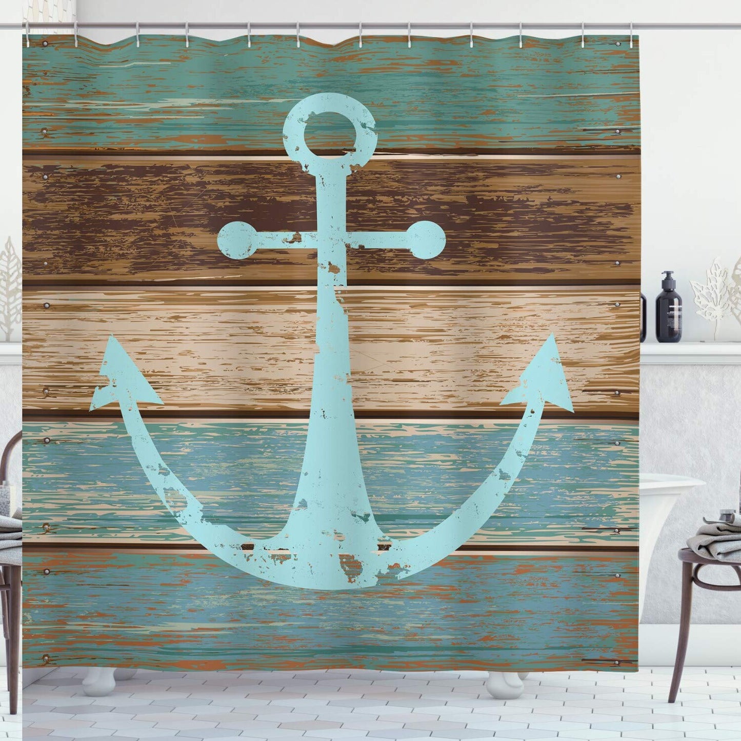 Anchor Nautical Shower Curtain 69" x 70" Teal Brown