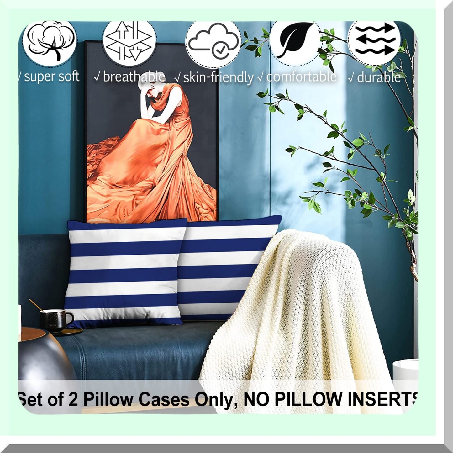 Navy Blue Stripe Velvet Pillow Covers - Set of 2 18x18 Decorative Throw Pillow Cases for Couch Sofa Bed, Square Home Decor Gift - White Stripe Pattern