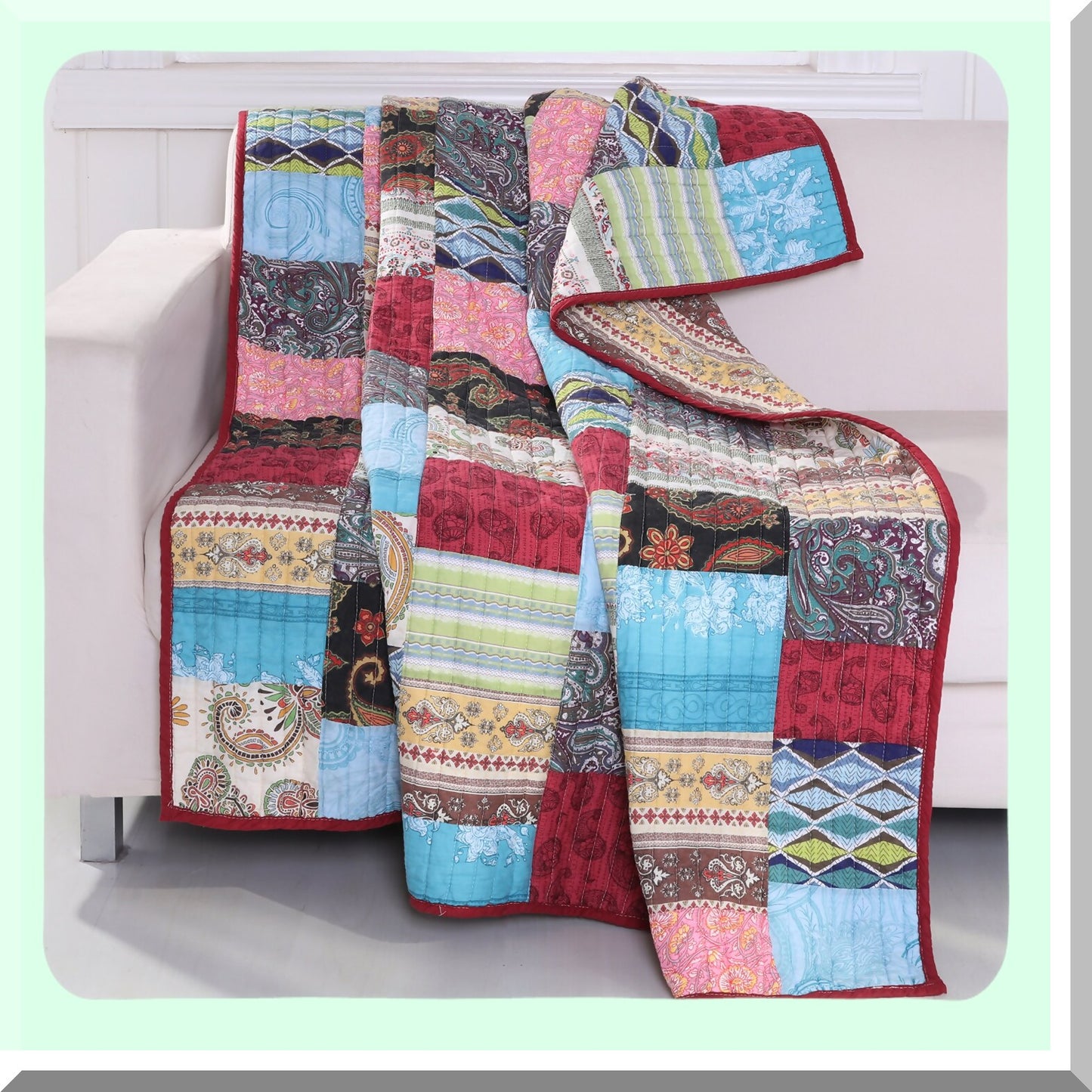 Boho Bliss 100% Cotton Patchwork Quilted Throw Blanket, 50x60-inch, Multicolor