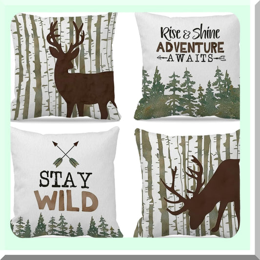 Rustic Cabin Throw Pillow Set - Woodland Farmhouse Decor 18x18 - Camping Nursery Boys - Cozy Log Pillow Covers - Outdoor Adventure Cushion Case