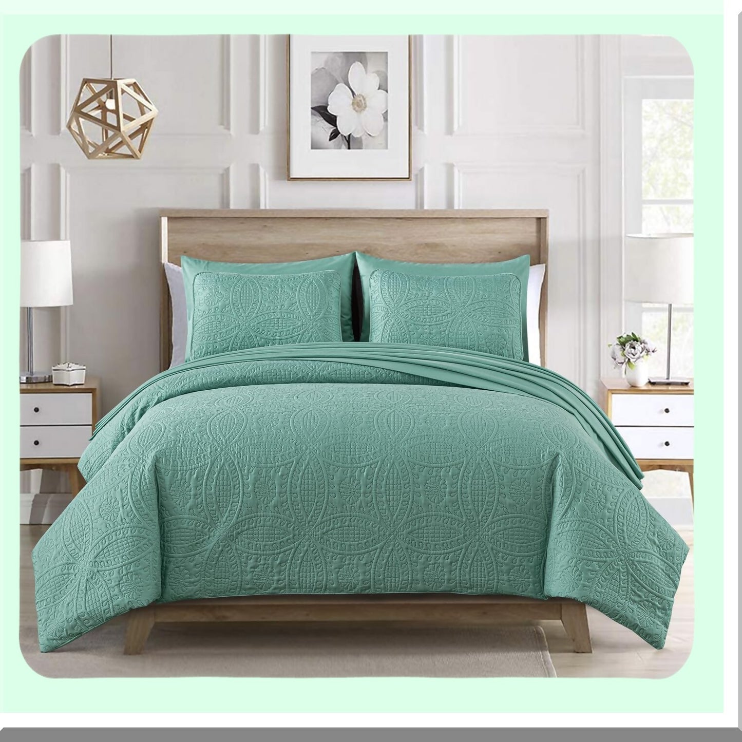 Coin Pattern Turquoise Bedding Set - 7 Piece Comforter Set with Sheets, Pillowcases, Shams - Lightweight All Seasons Bed in a Bag