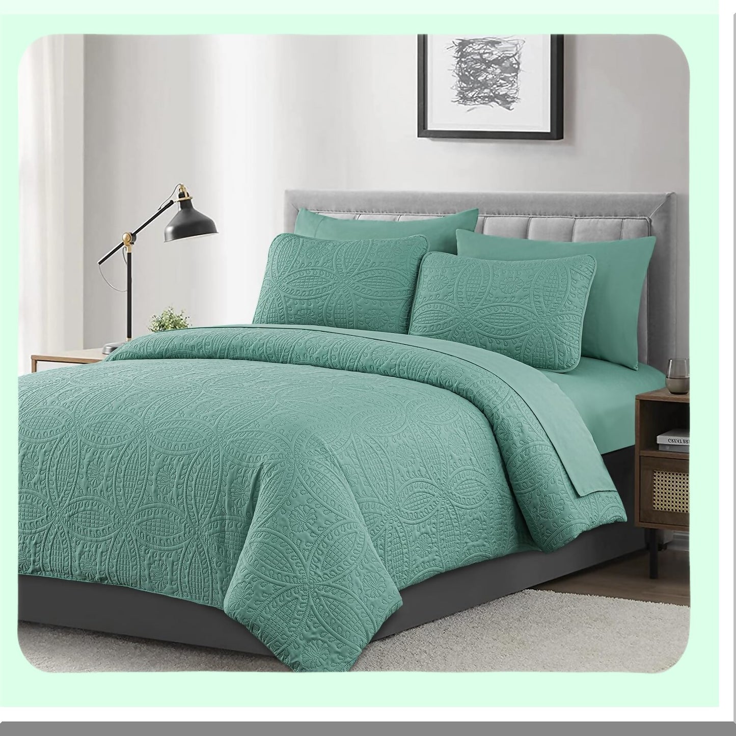 Coin Pattern Turquoise Bedding Set - 7 Piece Comforter Set with Sheets, Pillowcases, Shams - Lightweight All Seasons Bed in a Bag