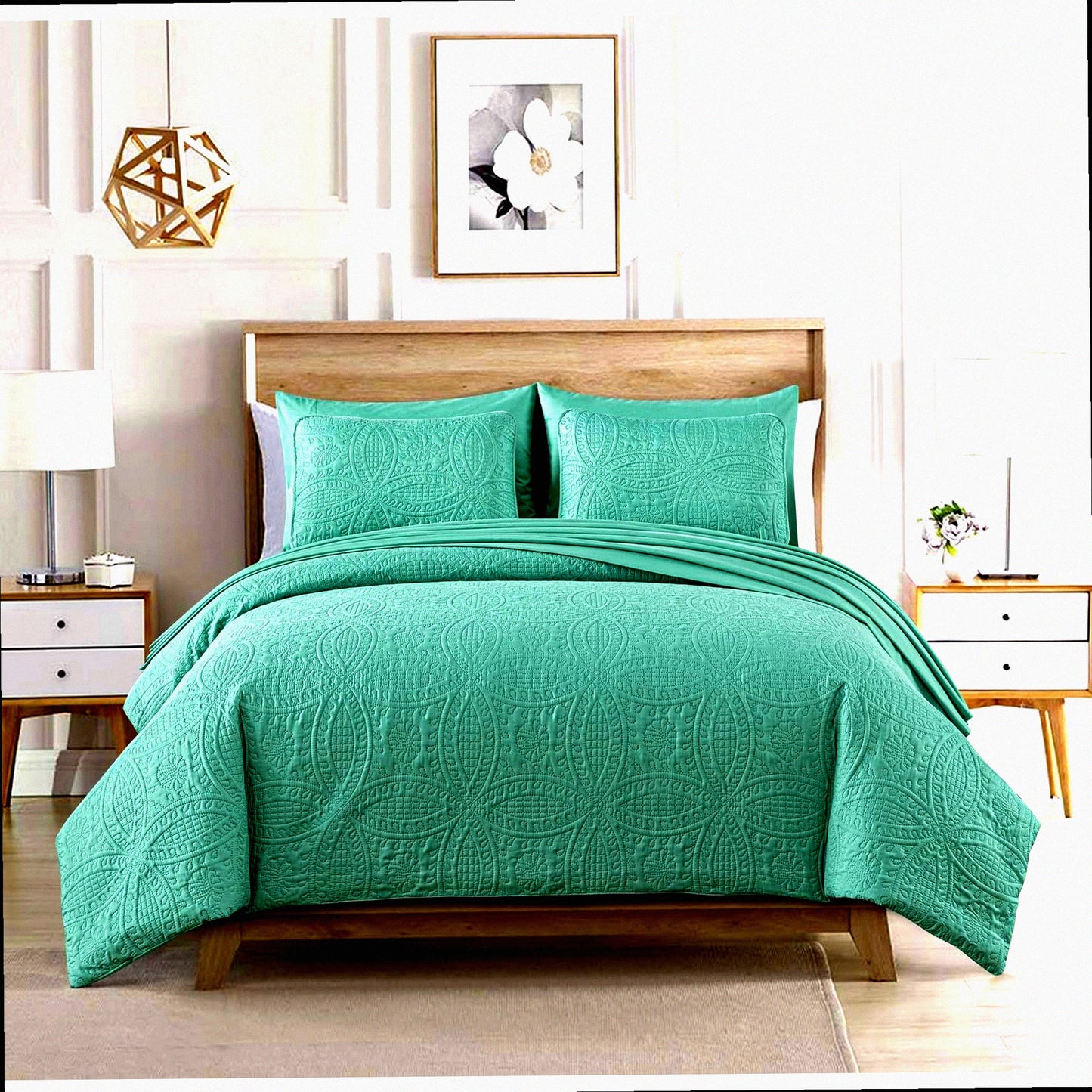 Coin Pattern Turquoise Bedding Set - 7 Piece Comforter Set with Sheets, Pillowcases, Shams - Lightweight All Seasons Bed in a Bag