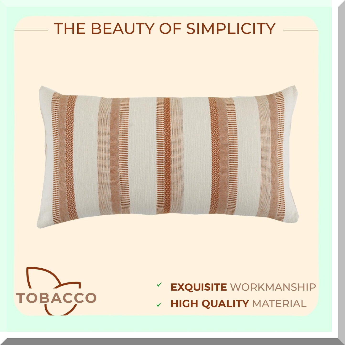 SoftTouch Boho Stripe Cotton Pillowcase - Modern Decorative Rectangle Throw Cushion for Couch, Living Room, Bed & Sofa - Green Certified Brown Cover