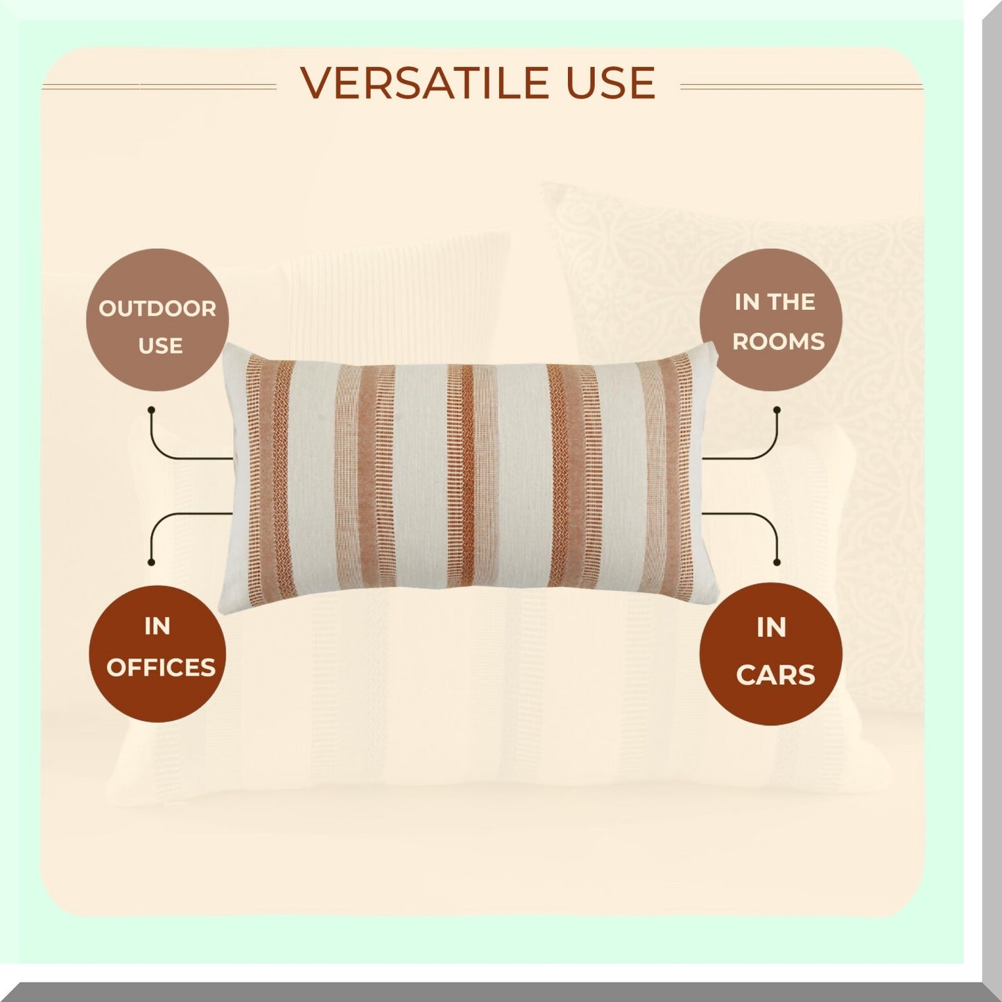 SoftTouch Boho Stripe Cotton Pillowcase - Modern Decorative Rectangle Throw Cushion for Couch, Living Room, Bed & Sofa - Green Certified Brown Cover