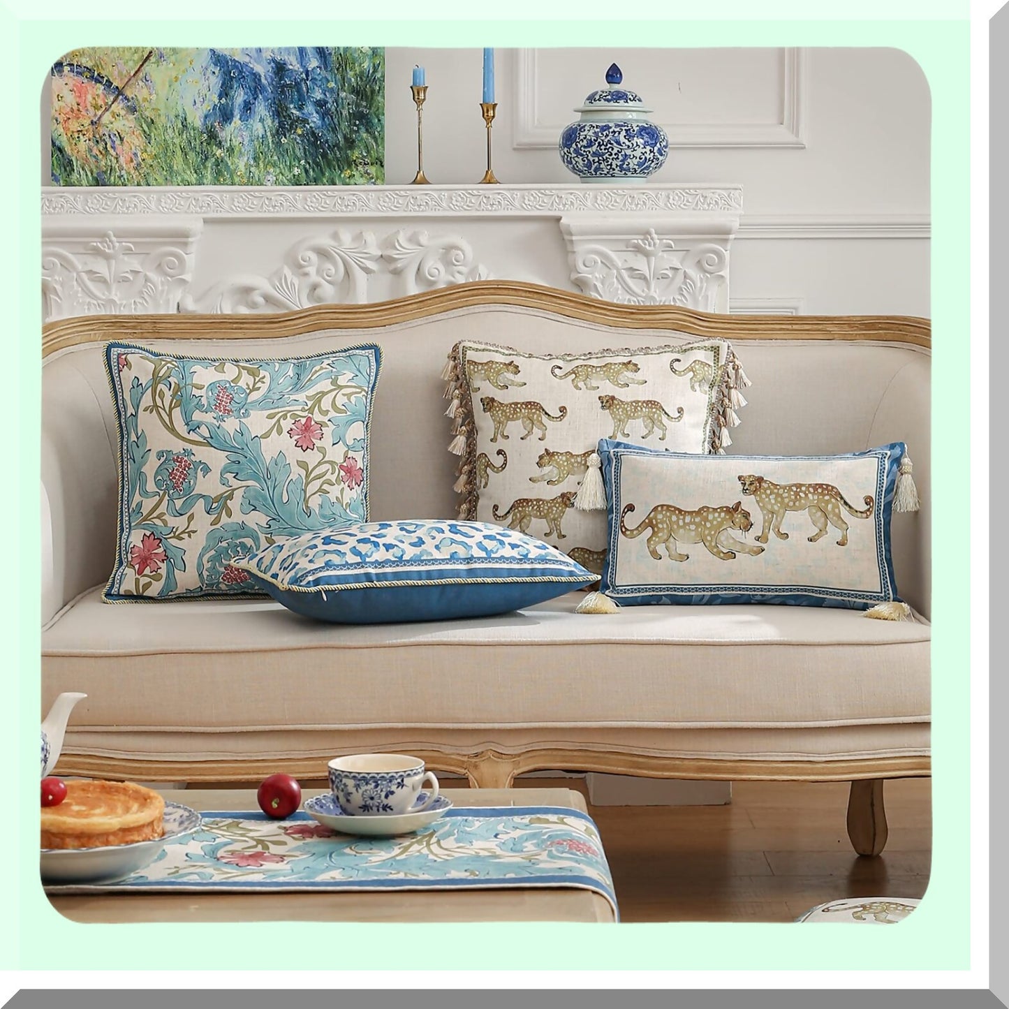 Vintage Blue Floral Lumbar Pillow Covers - Set of 2 | French Linen Farmhouse Decor | Couch & Bed Pillowcases | Fall Living Room & Outdoor Decor - 12"x20"