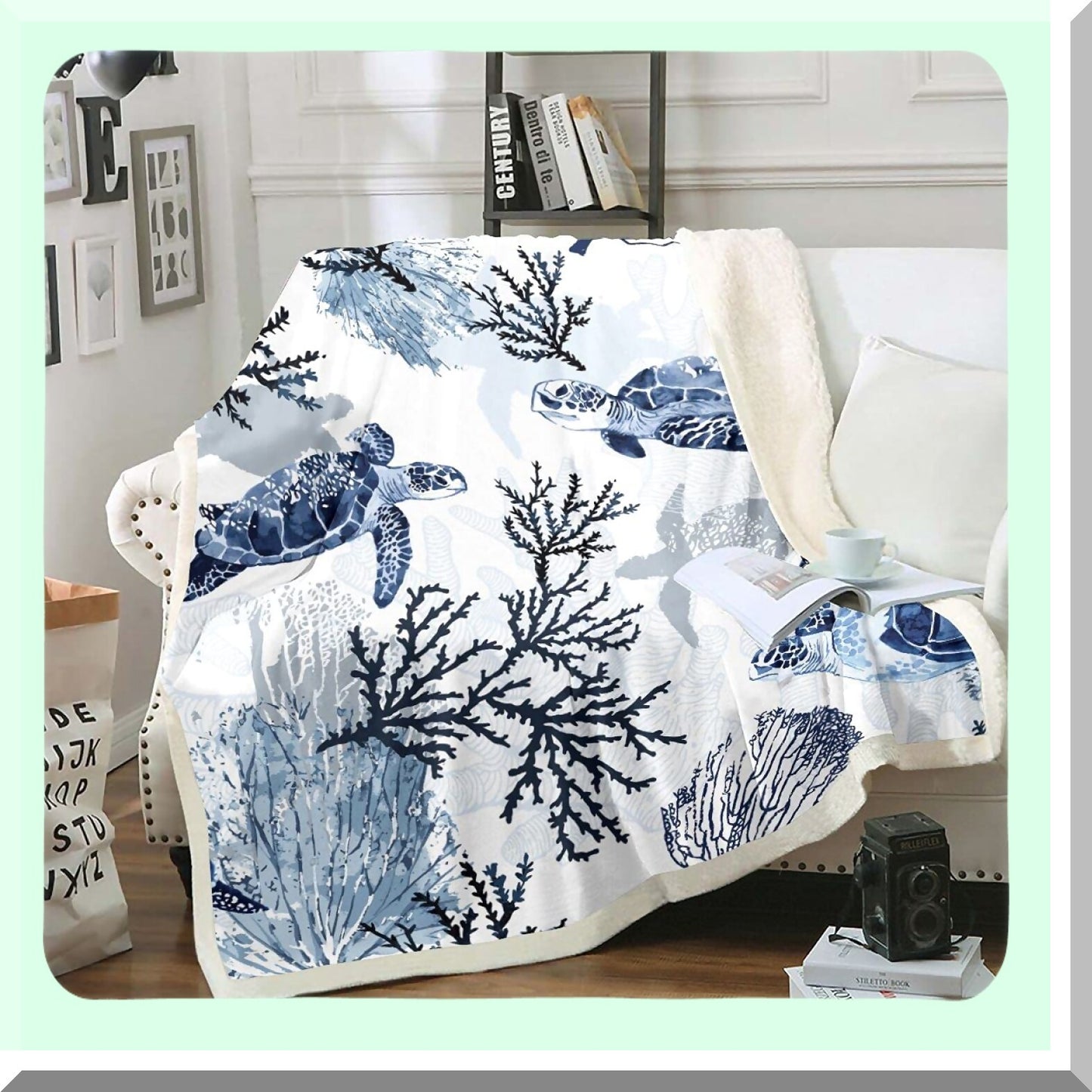Oceanic Turtle Sherpa Fleece Blanket - Cozy White & Blue Sea Tortoise Plush Throw for Bed, Sofa, or Couch - Beach Theme Underwater Fuzzy Blanket 50"x60"