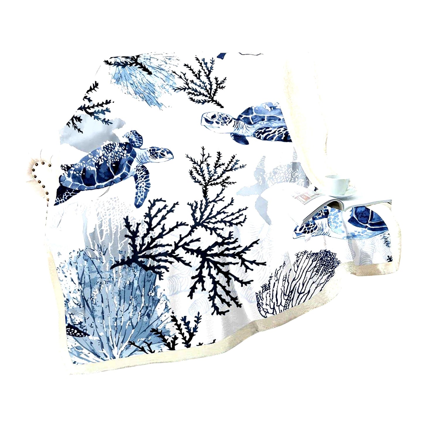 Oceanic Turtle Sherpa Fleece Blanket - Cozy White & Blue Sea Tortoise Plush Throw for Bed, Sofa, or Couch - Beach Theme Underwater Fuzzy Blanket 50"x60"