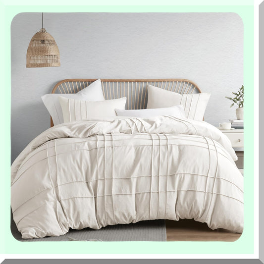 Pintuck Pleated Farmhouse Queen Comforter Set - Soft Cotton-Like Bedding with Lightweight All Season Microfiber, 3 Piece Queen Bed Set with Shams